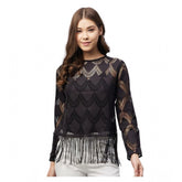 Black lace self-design short sleeve top, round neck with zip closure for women's fashion