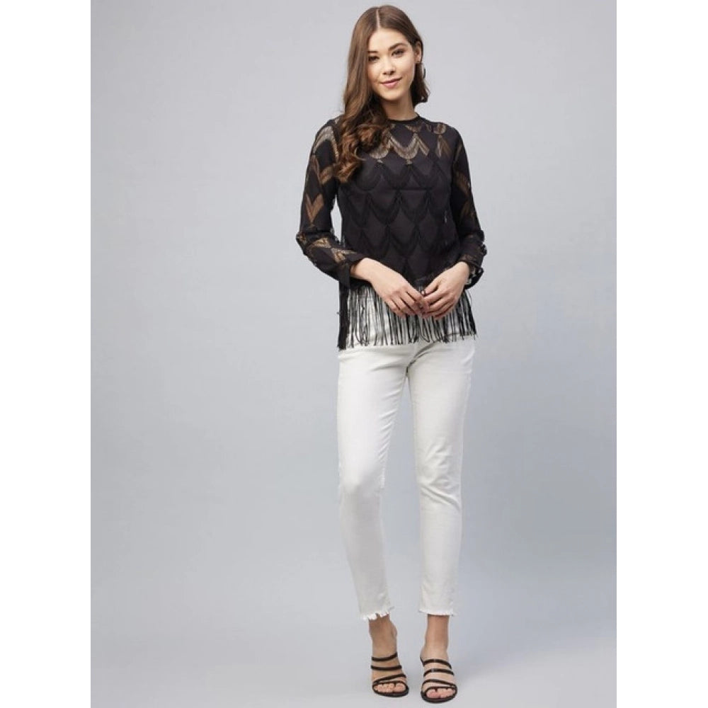 Black lace self-design short sleeve top for women, round neck with zip closure