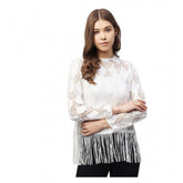 White lace self-design short sleeve top with zip closure for women's fashion
