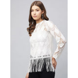 White lace self-design short sleeve top with zip closure for women's fashion