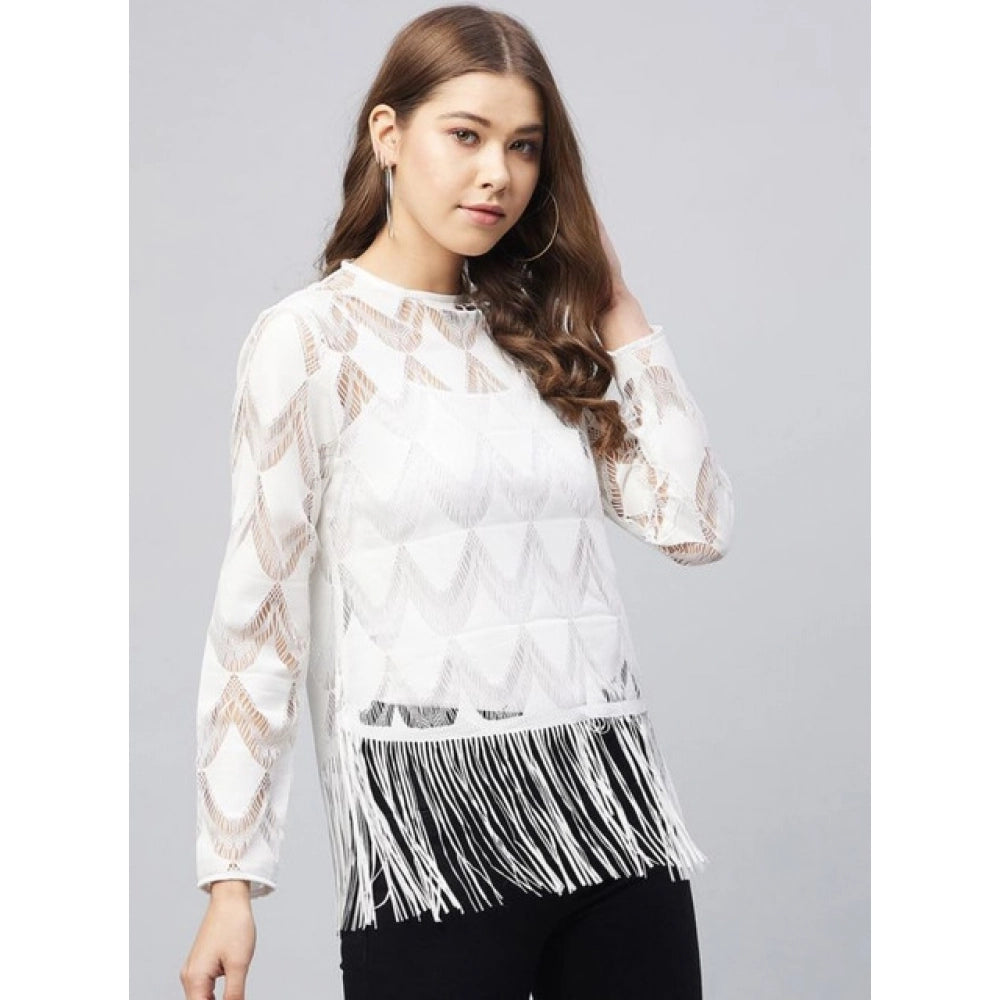 White lace self-design short sleeve top with zip closure, perfect for women's casual wear