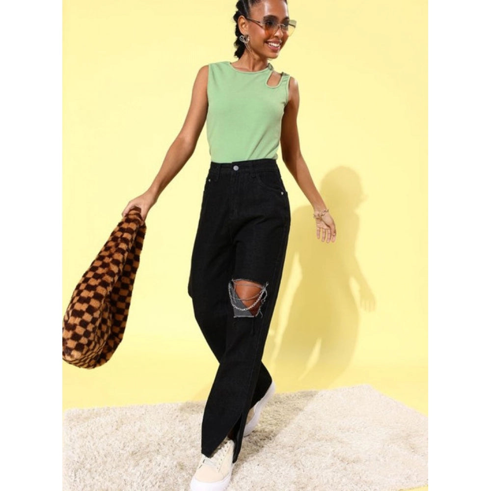 Green polyester lycra solid sleeveless top for women