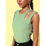 Green polyester lycra solid sleeveless top for women