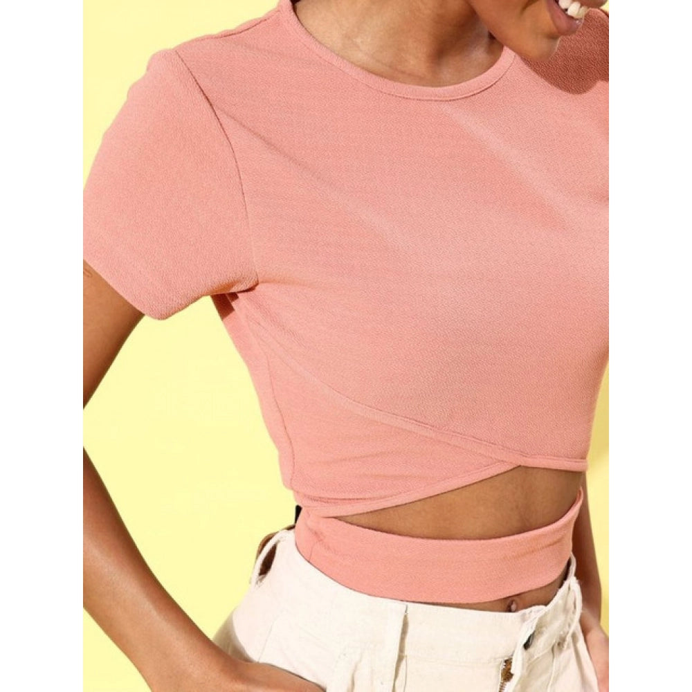 Pink polyester lycra women's solid short sleeve top, hip length, round neck
