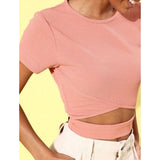 Pink polyester lycra women's solid short sleeve top, hip length, round neck