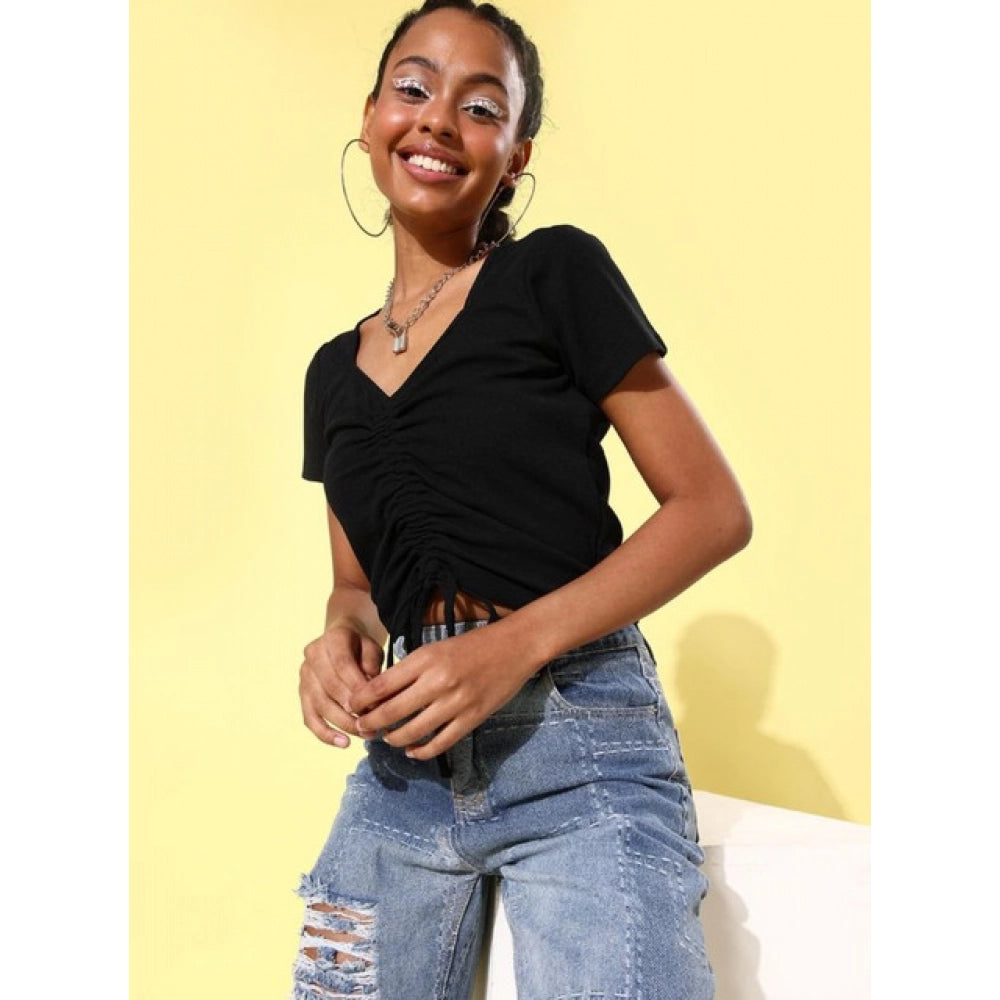 Black polyester lycra women's short sleeve v-neck top on mannequin