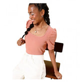 Pink polyester lycra solid short sleeve top on model, women's hip length square neck fitness attire