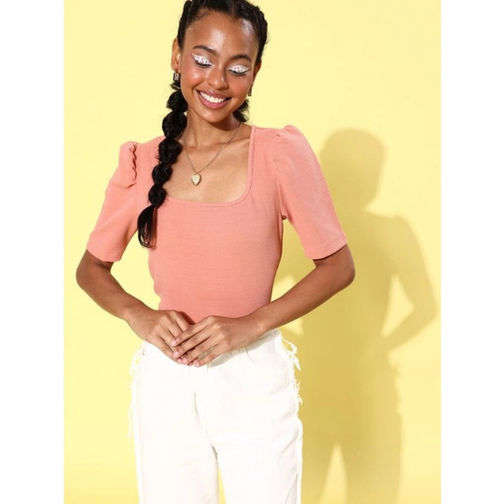 Pink polyester lycra solid short sleeve top for women, square neckline and hip length