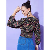 Women's polyester multicolor floral V-neck long sleeve top with intricate floral patterns