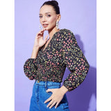 Multicolor polyester floral long sleeves top on mannequin, V-neck with hip length, vibrant floral pattern for women