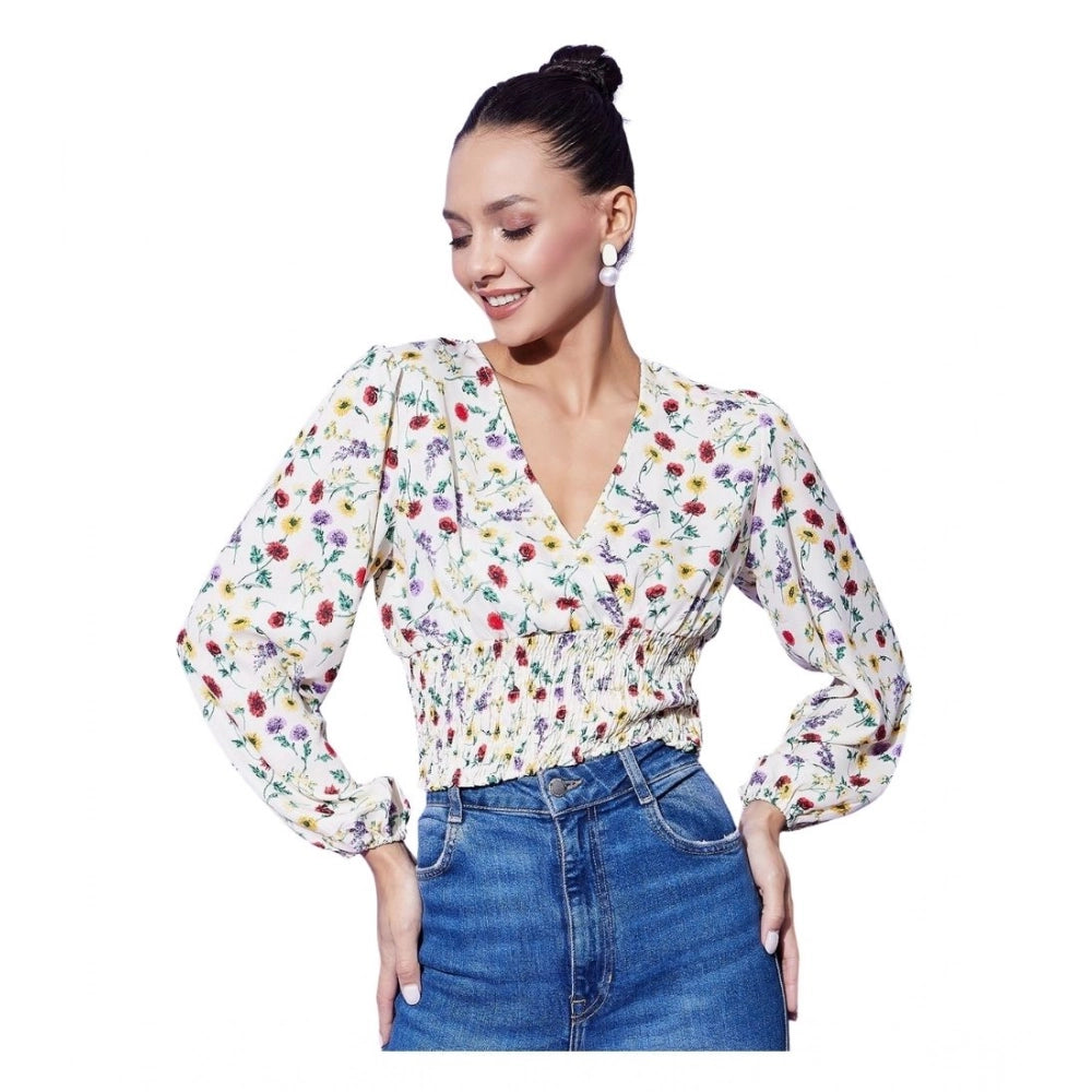 Women's multicolor floral long sleeves polyester top, V-neck style with hip length, vibrant floral pattern on display
