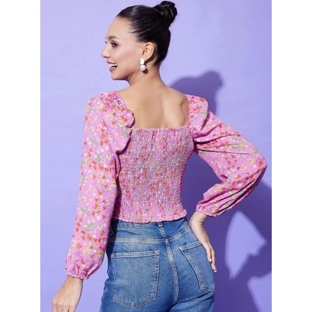 Women's polyester floral long sleeves top in multicolor with square neckline, floral pattern, and hip-length, ideal for casual wear