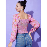 Women's polyester floral long sleeves top in multicolor with square neckline, floral pattern, and hip-length, ideal for casual wear
