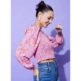 Multicolor polyester floral long-sleeve top with square neck, vibrant floral pattern on women