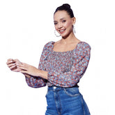 Multicolor polyester floral long sleeves top on woman, square neck, hip length