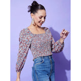 Multicolor polyester floral long sleeves top with square neck, ideal for women's casual wear