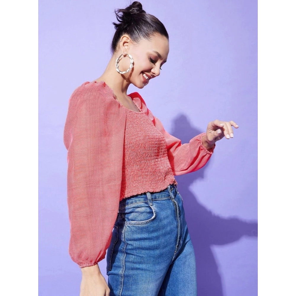 Red polyester floral long sleeves top with square neck and hip length, suitable for women's fashion