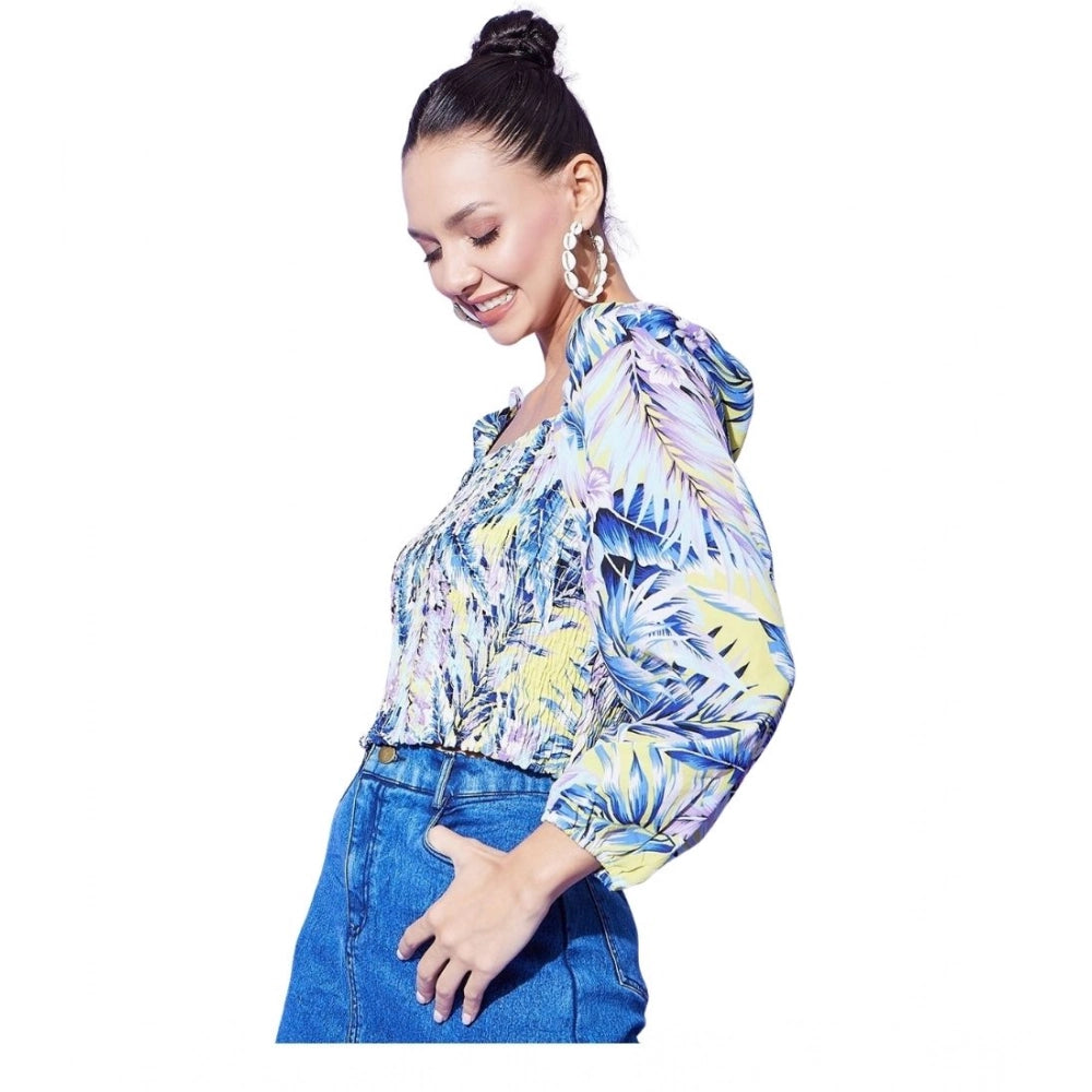 Multicolor polyester floral long sleeves top with square neck and hip length, women's fashion apparel on model