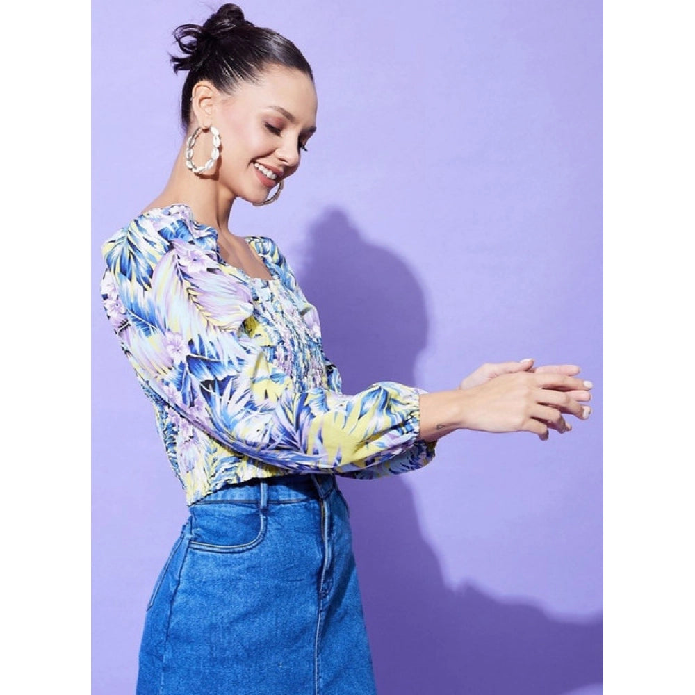 Multicolor polyester floral long-sleeve top for women with square neck, on model