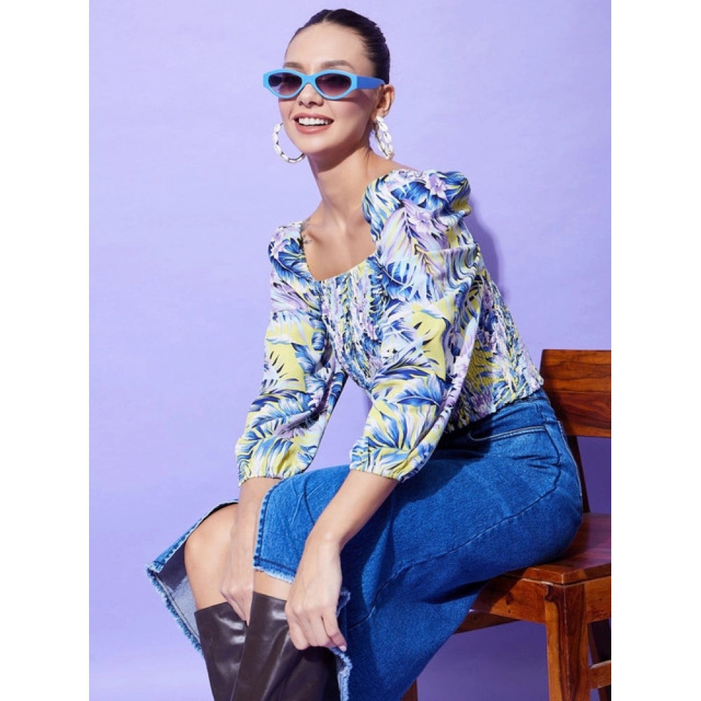 Multicolor polyester floral long sleeves top for women, square neck, long sleeves, hip length