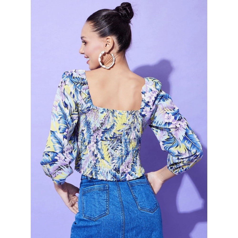 Multicolor polyester floral long-sleeve top for women with square neckline, displayed on hanger