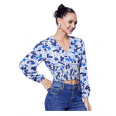 Blue polyester floral long sleeves top with V-neck on woman