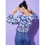 Blue polyester floral long sleeves top with V-neck, ideal for women's casual wear