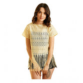 Yellow polyester lace self-design short sleeve top for women, round neck and zip closure