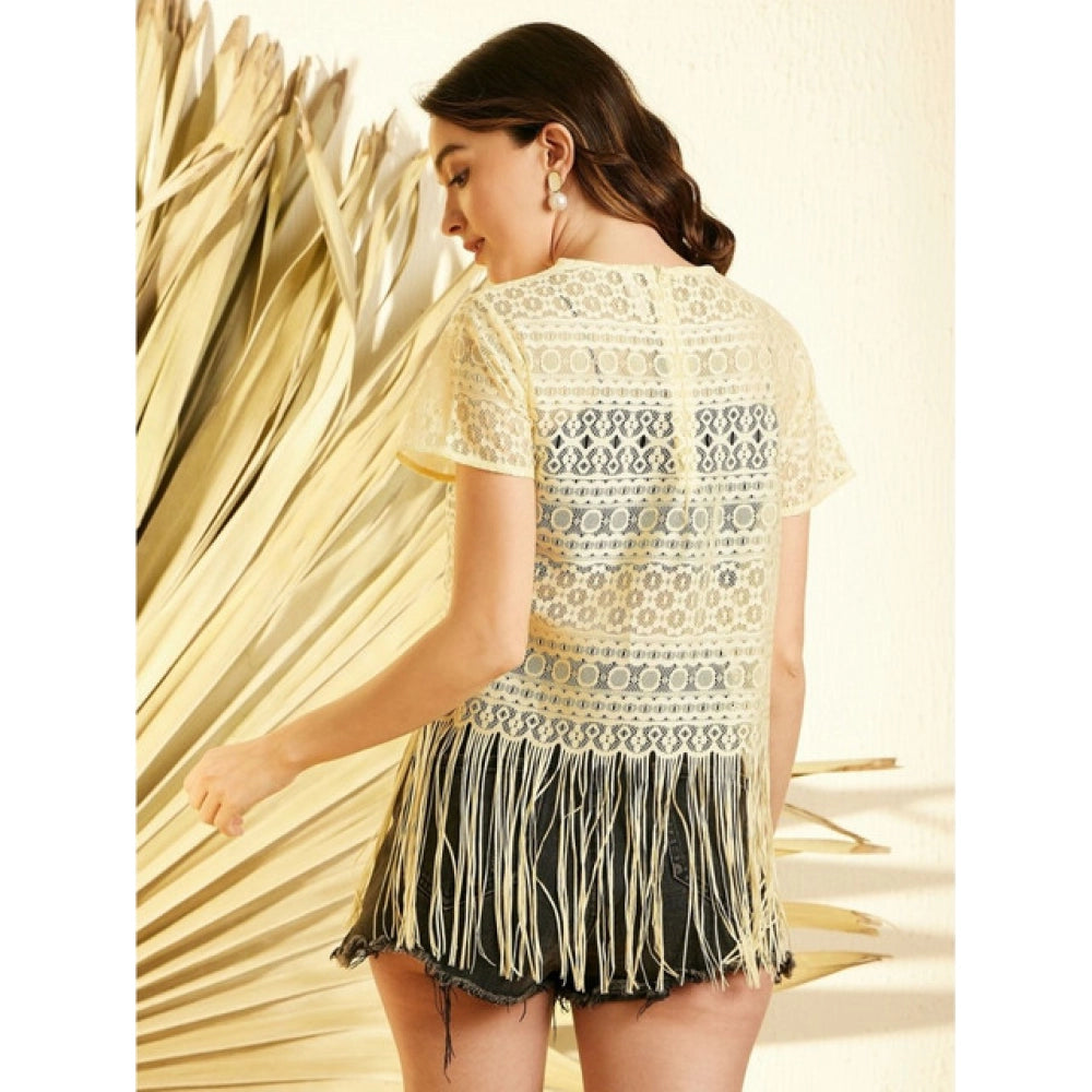 Yellow polyester lace self-design short sleeve top for women on model, zip closure