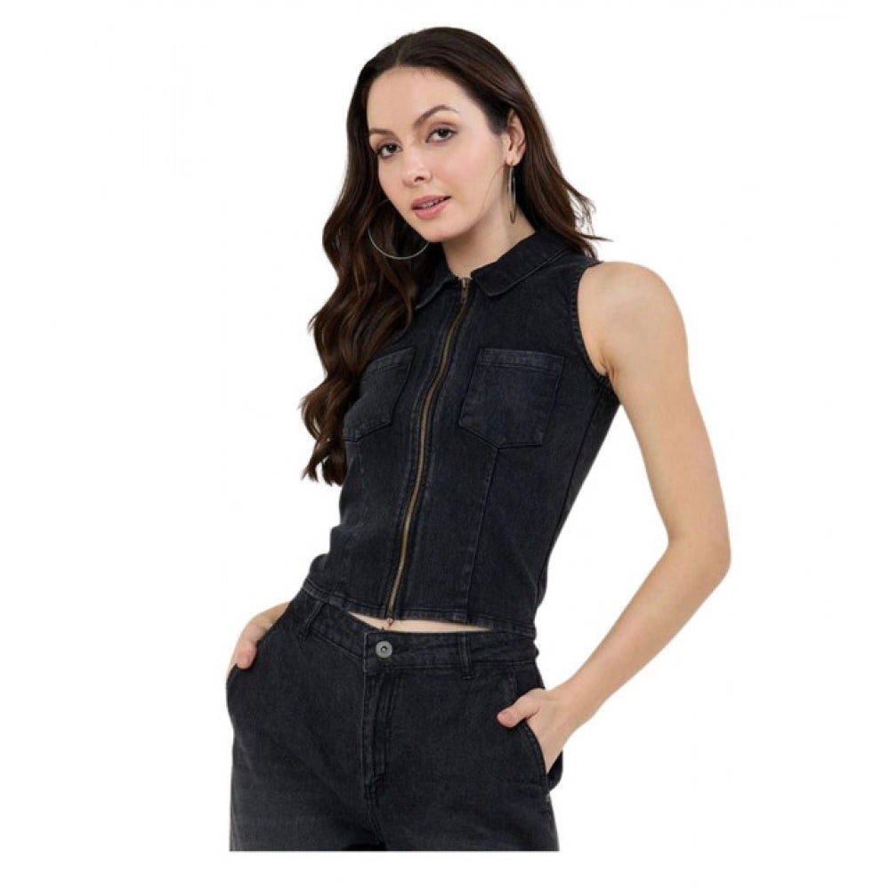 Black denim lycra sleeveless top with zip closure, solid pattern for women's fashion
