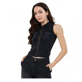 Black denim lycra sleeveless top with zip closure, solid pattern for women's fashion