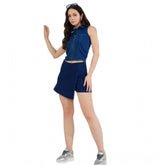 Blue denim lycra sleeveless top with zip closure for women's casual wear