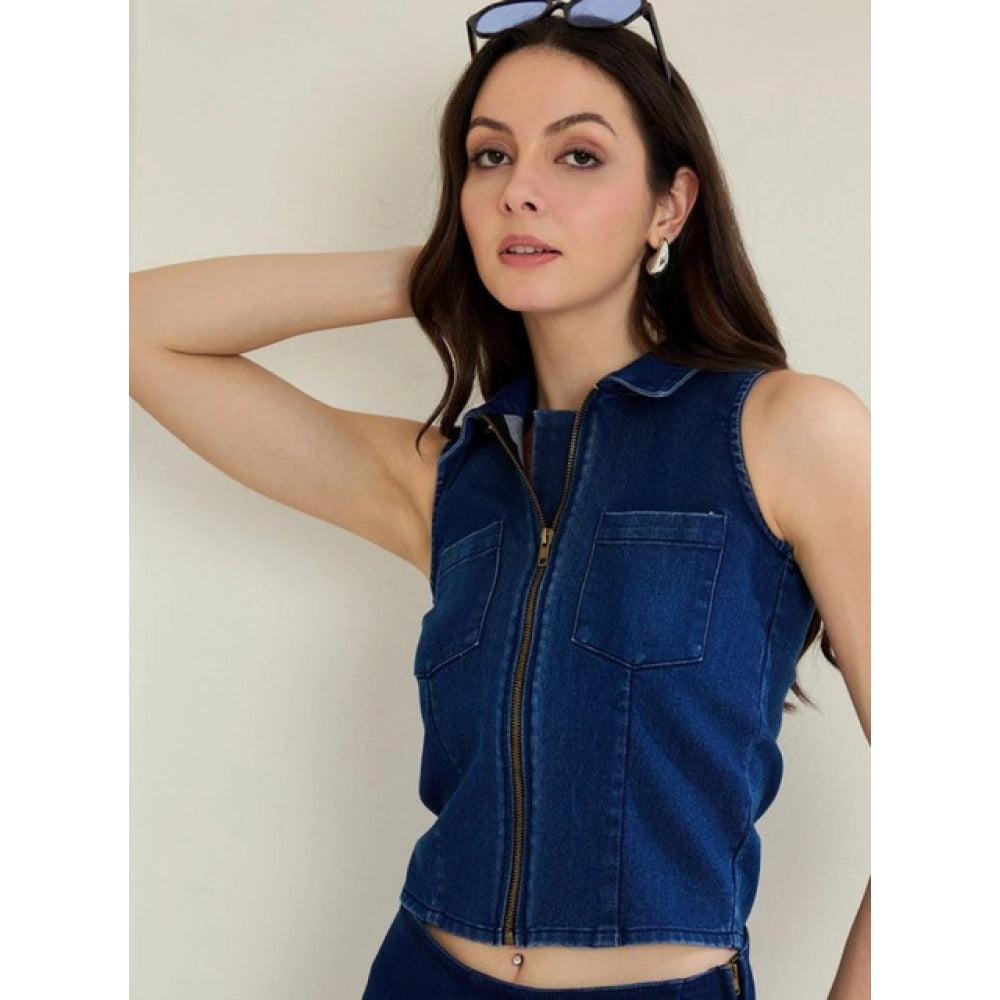 Blue denim lycra sleeveless top with zip closure, solid pattern for women