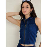Blue denim lycra sleeveless top with zip closure, solid pattern for women