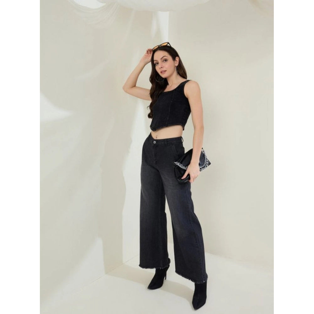 Black denim lycra sleeveless top with square neckline and zip closure, solid pattern