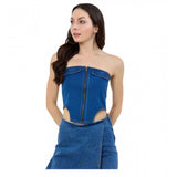 Blue Denim Lycra sleeveless top for women, strapless neck, waist length, zip closure