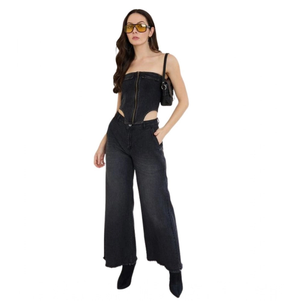 Black denim lycra sleeveless top for women, strapless neck, zip closure, waist length