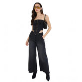 Black denim lycra sleeveless top for women, strapless neck, zip closure, waist length