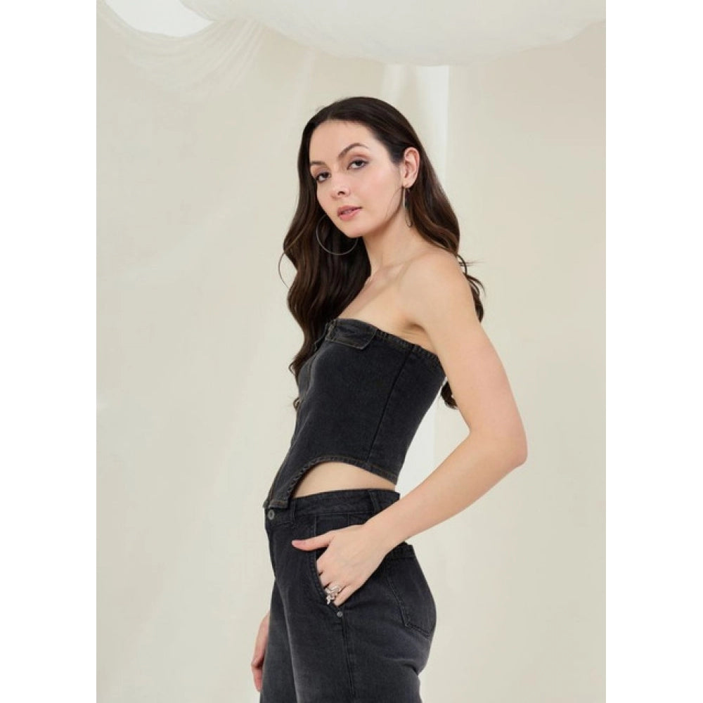 Black denim lycra sleeveless top for women, strapless neck, waist length with zip closure