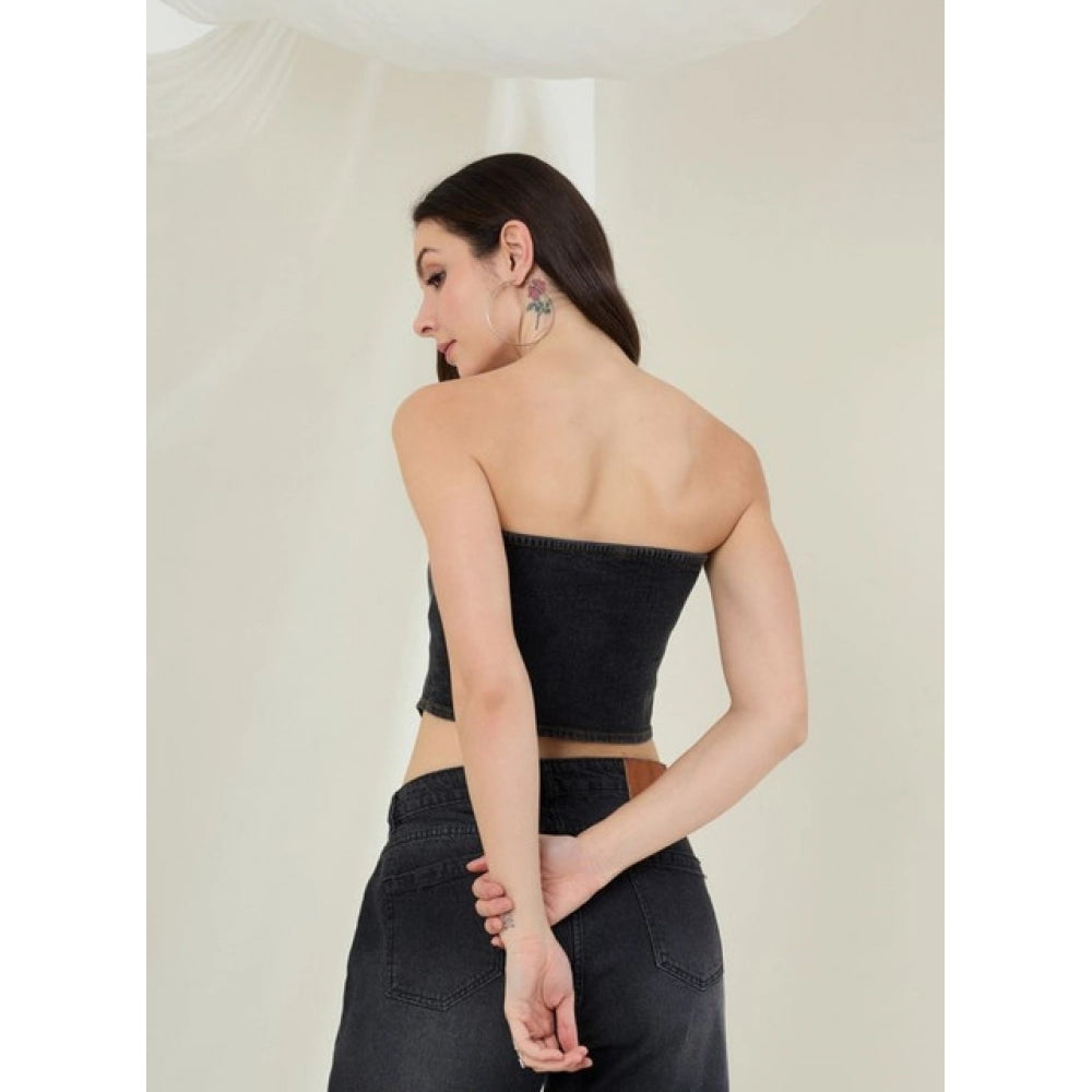 Black denim lycra sleeveless top with zip closure, strapless neckline for women's fashion