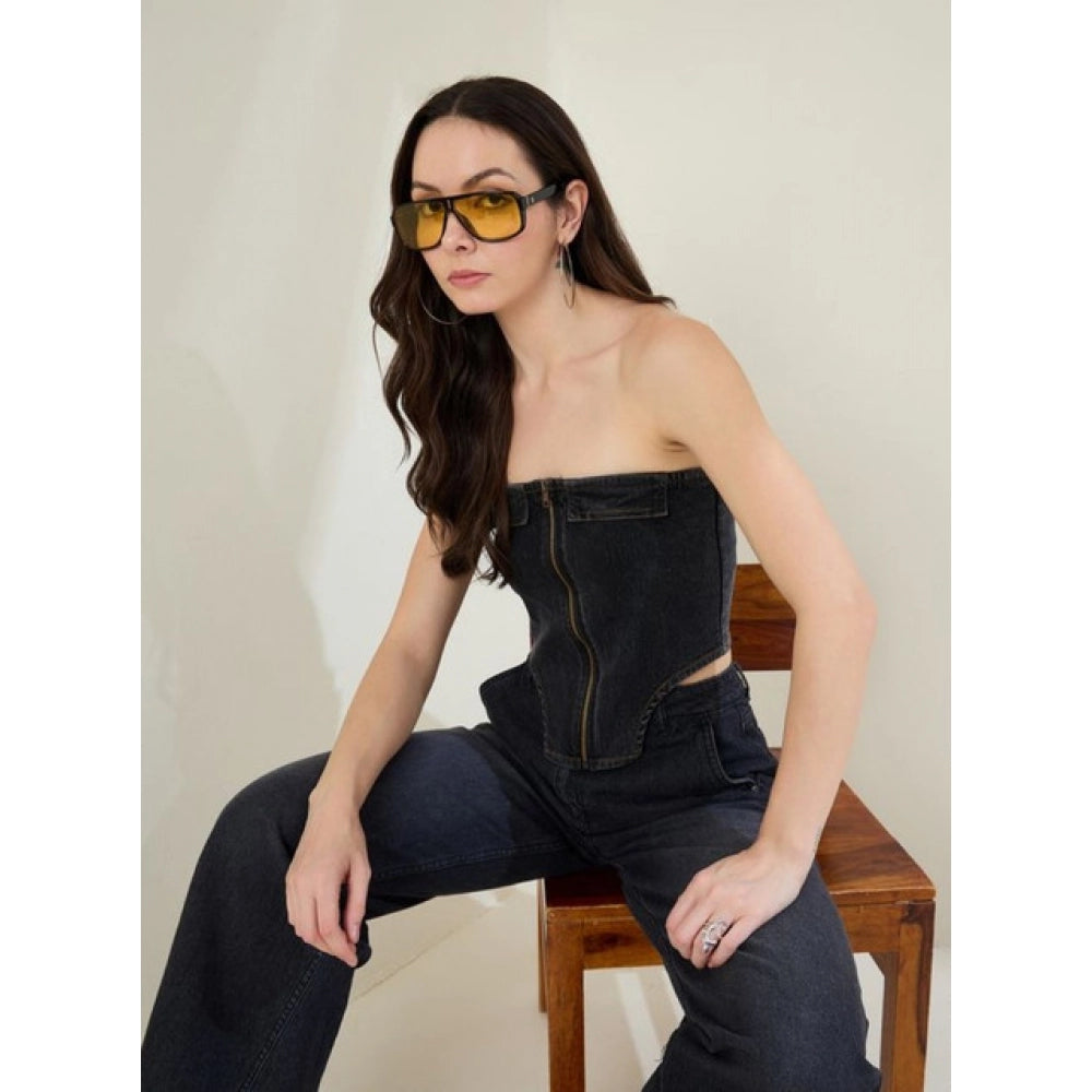 Black denim-lycra sleeveless top with strapless neck, waist length, zip closure for women's casual wear