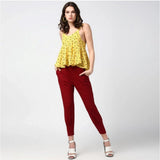 Maroon polyester elasticated trousers for women - solid pattern, ankle length with elastic closure