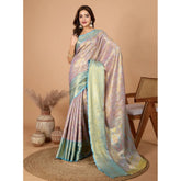 Multicolor jacquard embellished saree with unstitched blouse, 5.5mtr length on mannequin