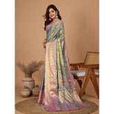 Multicolor jacquard embellished saree with unstitched blouse (5.5Mtr), detailed close-up of vibrant patterns and intricate workmanship