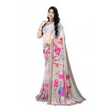 Women's Georgette Floral Printed Saree With Unstitched Blouse 5.5Mtr (Beige)