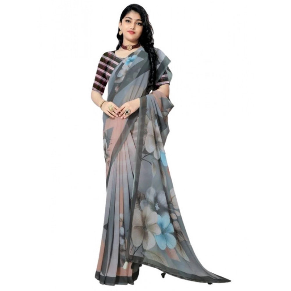 Grey georgette floral printed saree with unstitched blouse (5.5Mtr)