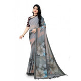 Grey Georgette floral printed saree with unstitched blouse, vibrant blooms on 5.5mtr fabric