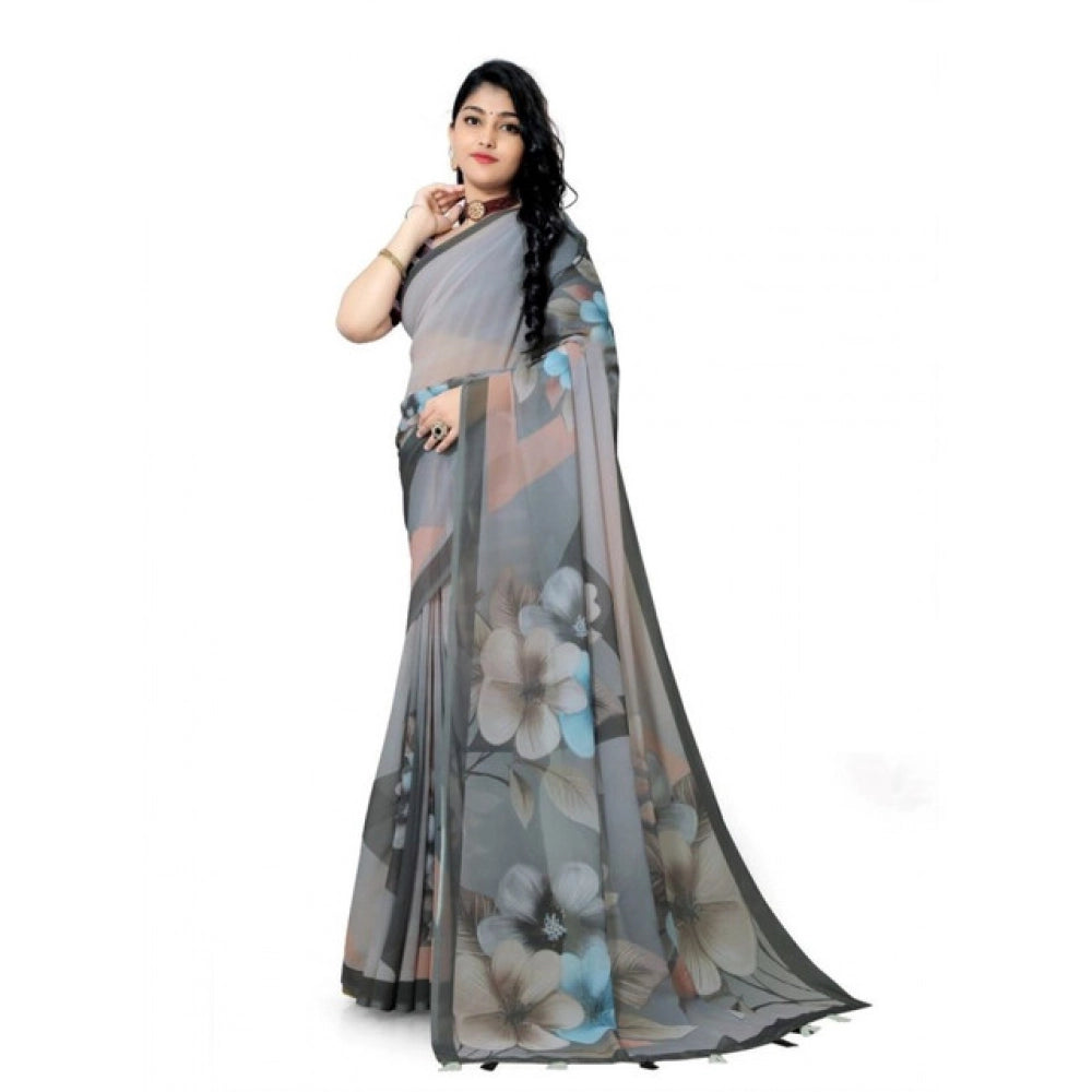Grey Georgette floral printed saree with unstitched blouse, vibrant blooms on 5.5mtr material