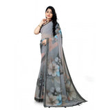 Grey Georgette floral printed saree with unstitched blouse, vibrant blooms on 5.5mtr material