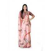 Peach georgette floral printed saree with unstitched blouse, 5.5Mtr on mannequin